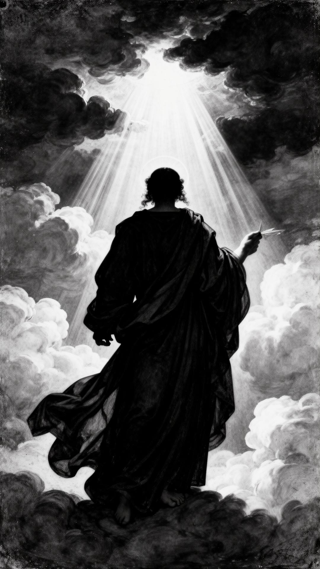 Figure ascending through clouds